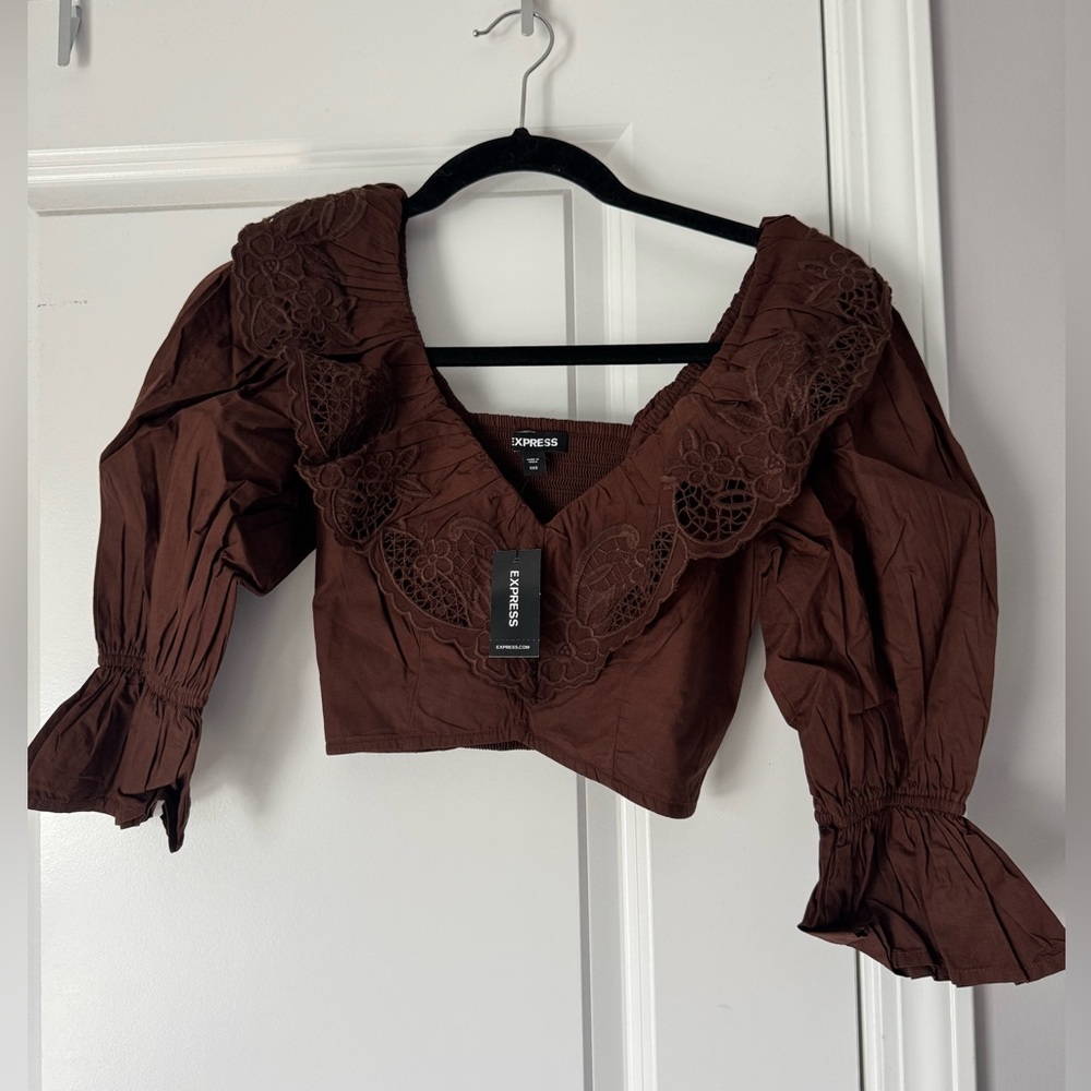 Express Brown Puff Sleeve Crop Blouse